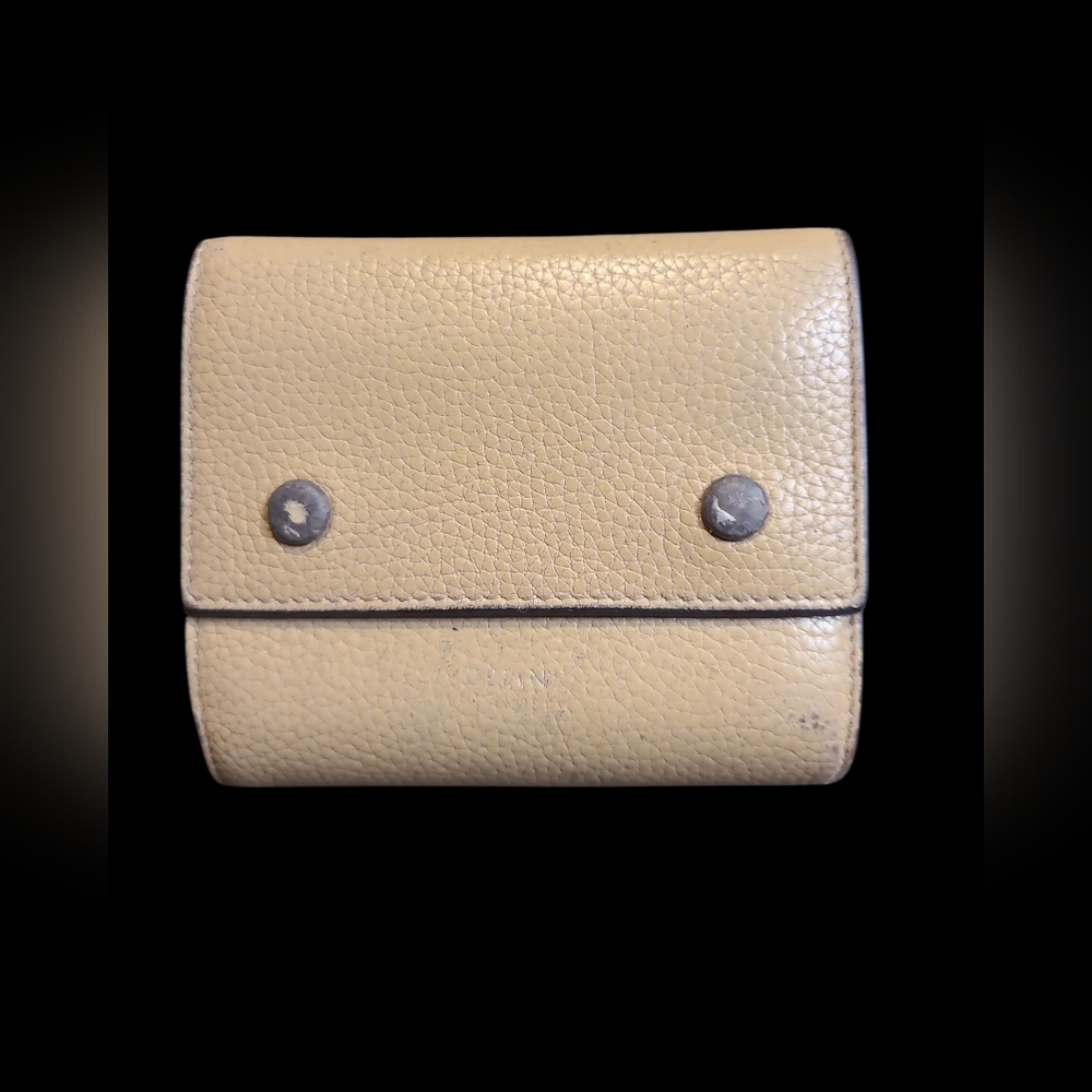 Celine Tan Leather Trifold Wallet with Silver Accents Orangish Red Interior